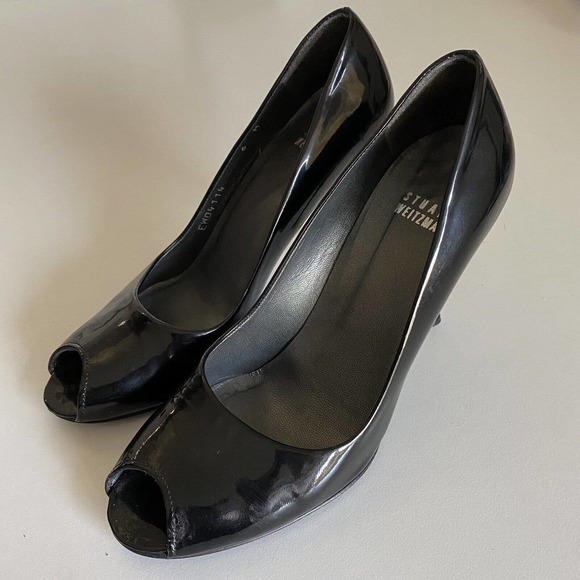 Stuart Weitzman Peep Toe Pump Patent Leather Black Slim Heel Slip On 6 M… - Picture 5 of 8